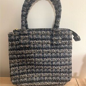 J. Crew Navy and Cream Tweed Top-Handle Tote